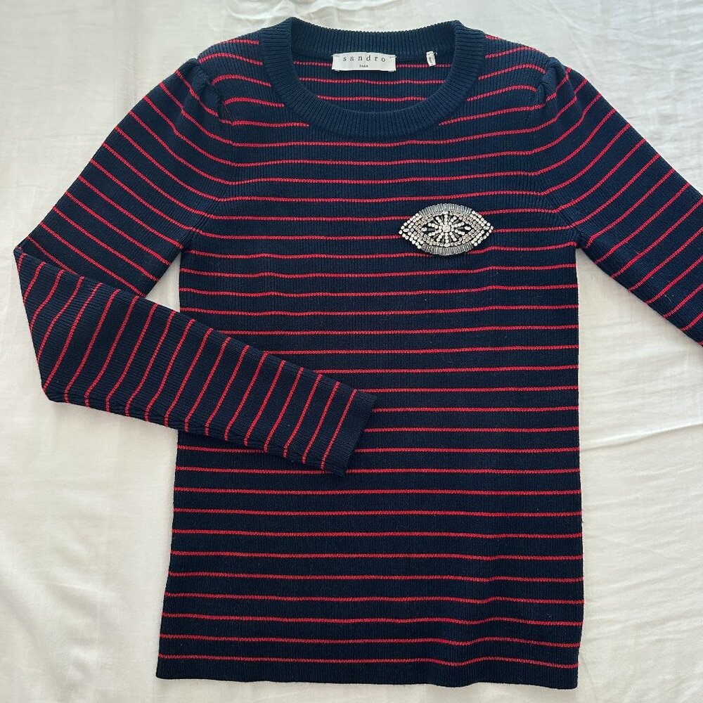 Sandro Red Navy Embellished Striped Sweater